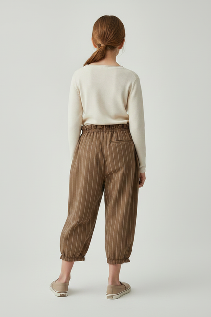 Pantalon Fluide Marron Rayé Ample Coton Enfant - Lin - vue 2