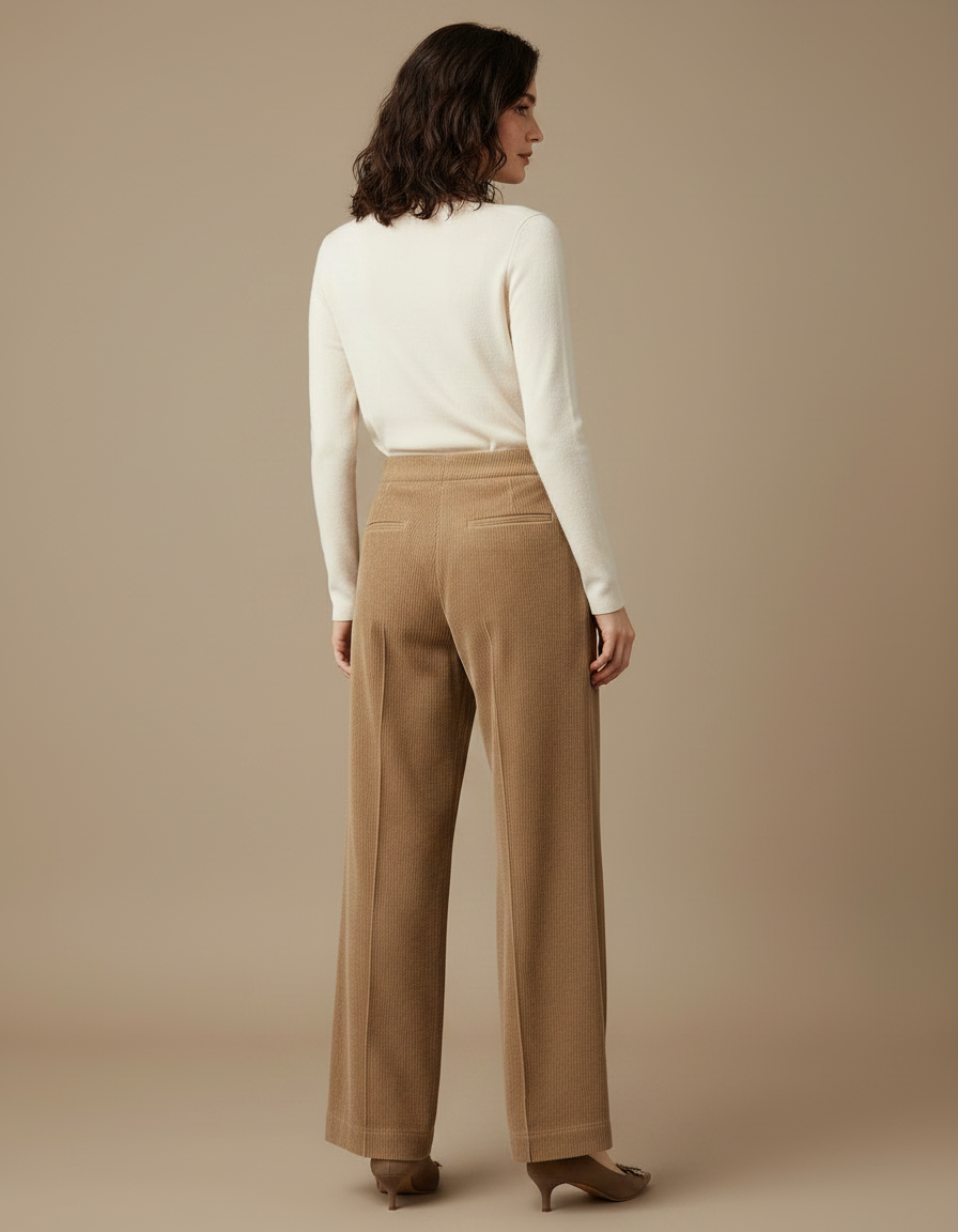 Pantalon Fluide Côtelé Marron Taille Haute Décontracté Femme - Cordé - vue 2