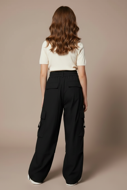 Pantalon Fluide Noir Cargo Ample Enfants Streetwear - Polyester - vue 2