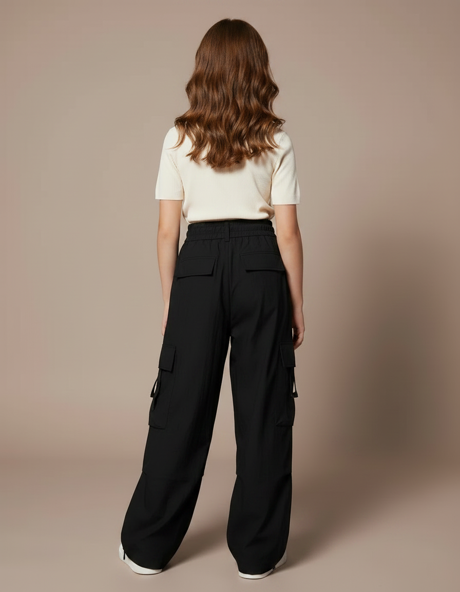 Pantalon Fluide Noir Cargo Ample Enfants Streetwear - Polyester - vue 2