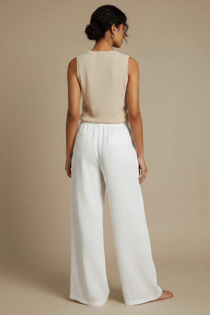 Pantalon Fluide Blanc Ample Lin Décontracté Femme - vue 2