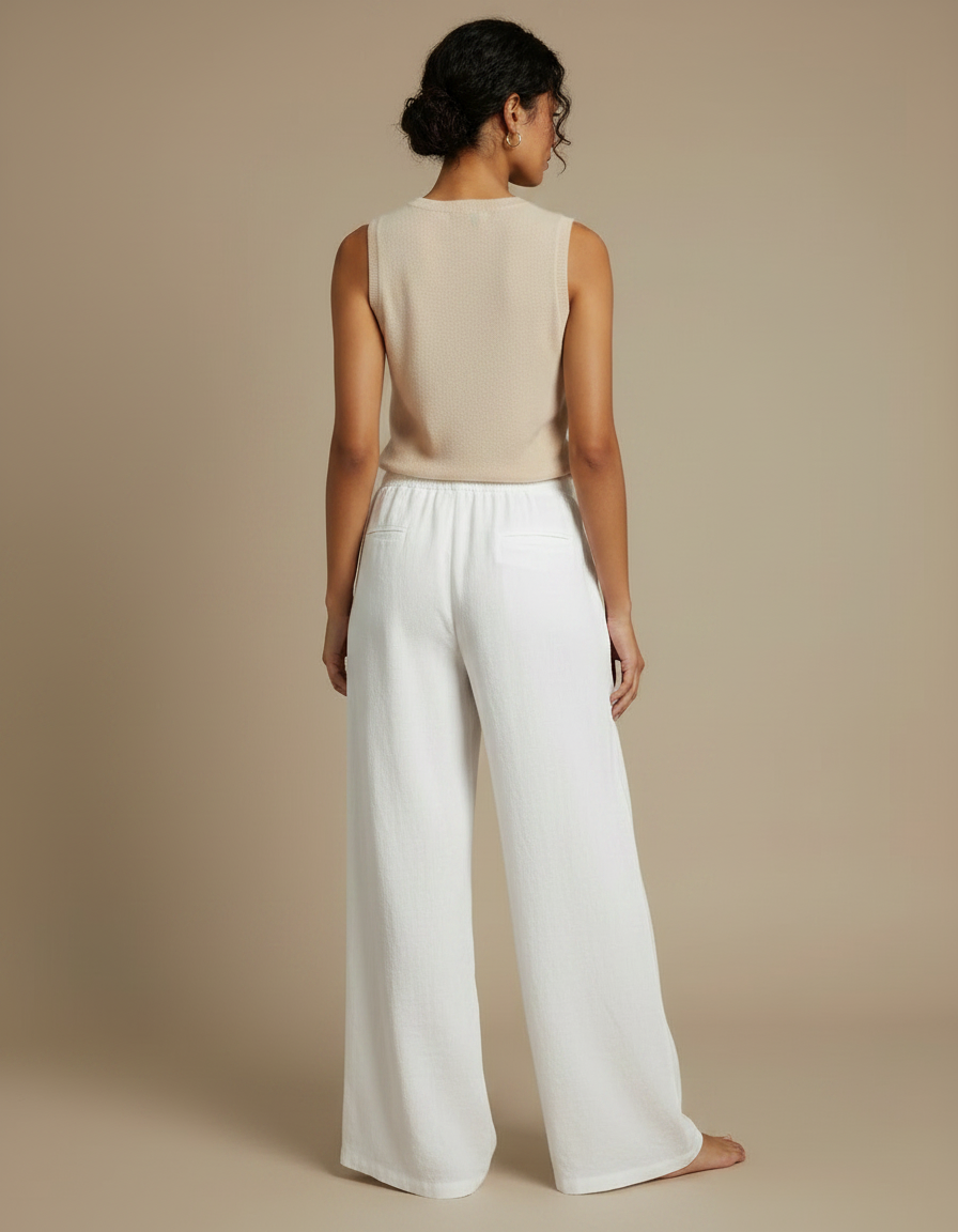 Pantalon Fluide Blanc Ample Lin Décontracté Femme - vue 2