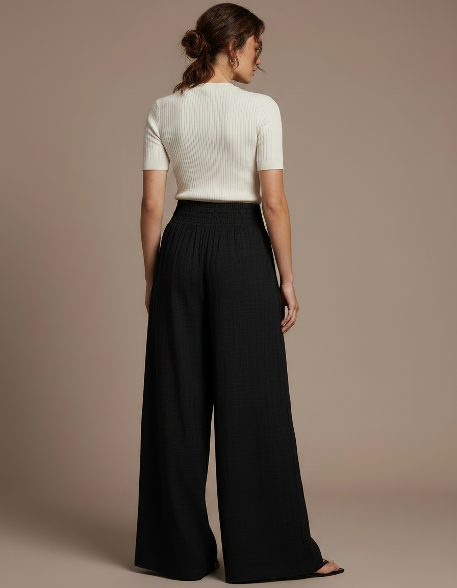 Pantalon Fluide Noir Ample Taille Haute Confortable Plissé - Viscose - vue 2