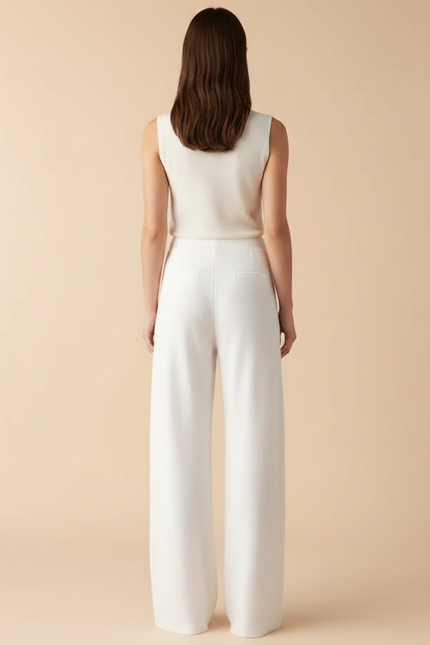 Pantalon Fluide Blanc Maille Ample Cordon Décontracté - vue 2