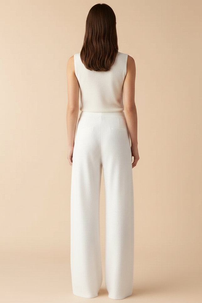 Pantalon Fluide Blanc Maille Ample Cordon Décontracté - vue 2