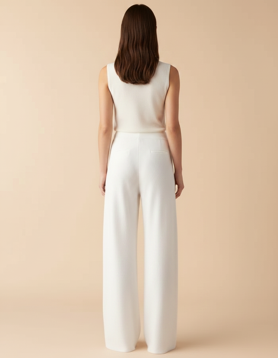 Pantalon Fluide Blanc Maille Ample Cordon Décontracté - vue 2