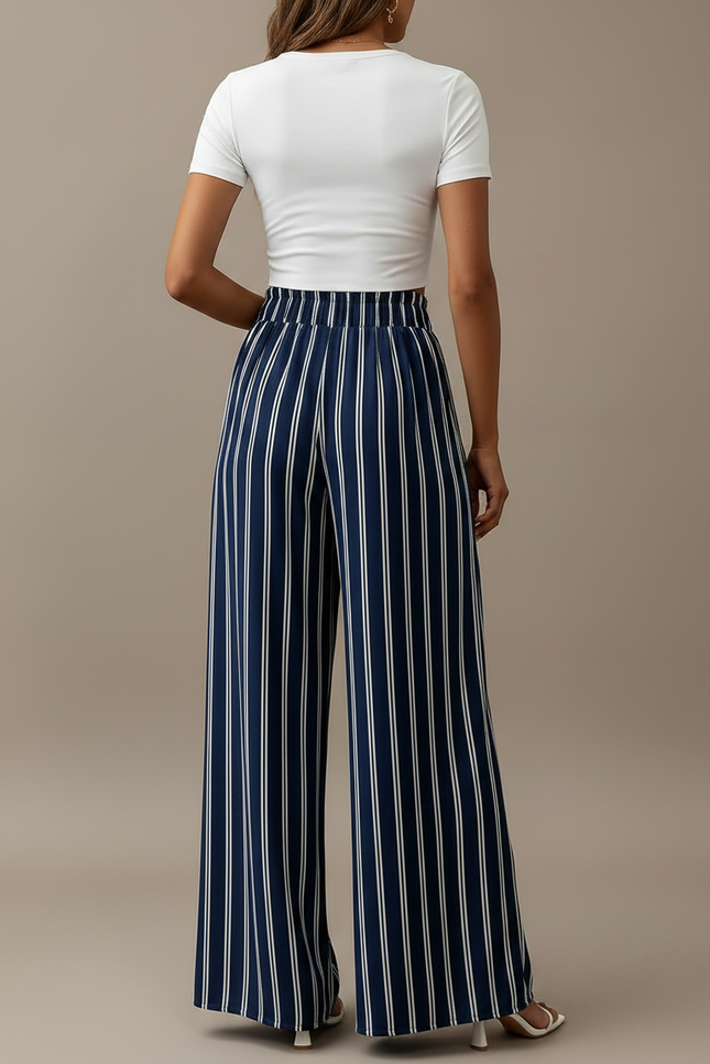 Pantalon Fluide Bleu Marine Rayé Ample Taille Haute - Polyester - vue 2