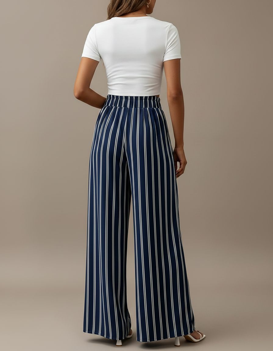 Pantalon Fluide Bleu Marine Rayé Ample Taille Haute - Polyester - vue 2