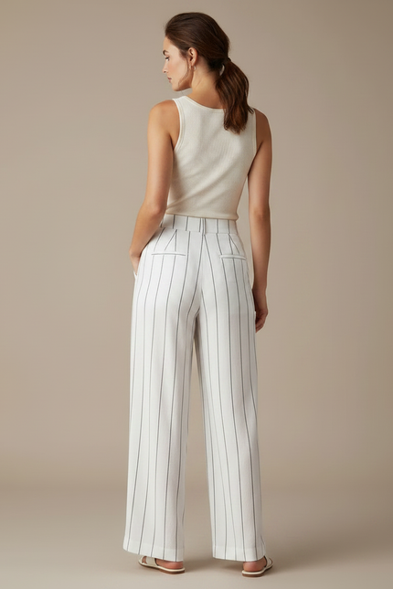 Pantalon Fluide Blanc Rayé Ample Lin Décontracté Femme - vue 2