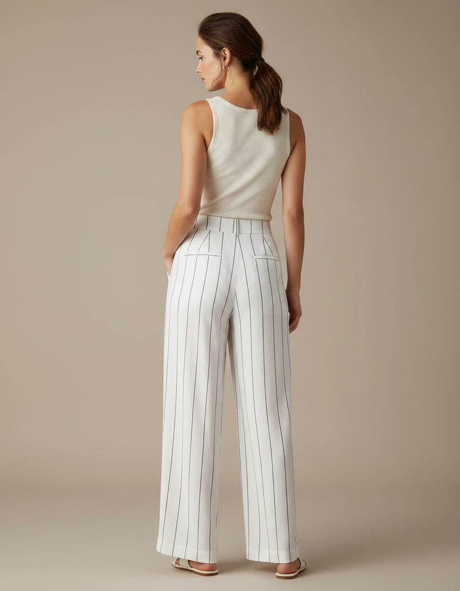 Pantalon Fluide Blanc Rayé Ample Lin Décontracté Femme - vue 2