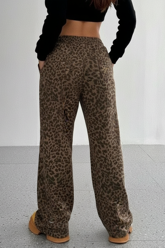 Pantalon Fluide Léopard Marron Ample Décontracté Femmes - Molleton