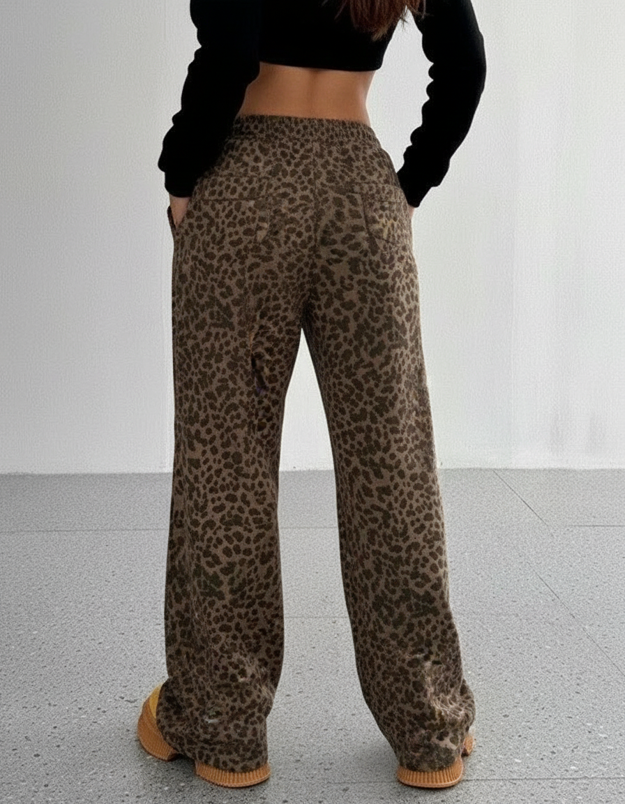 Pantalon Fluide Léopard Marron Ample Décontracté Femmes - Molleton