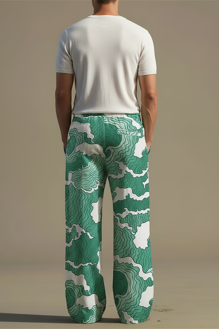 Pantalon Fluide Vert Motif Vagues Ample Décontracté Homme - Coton - vue 2