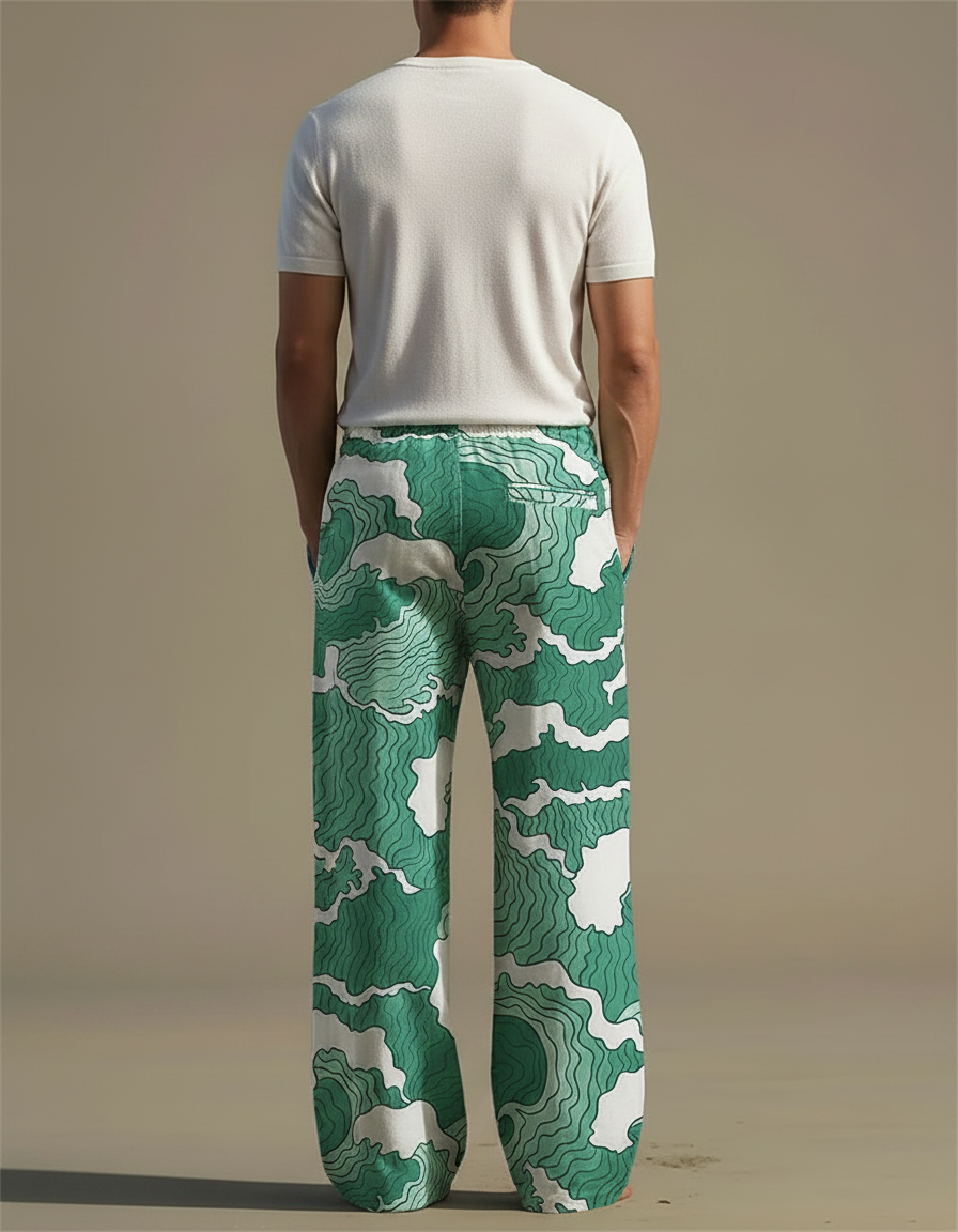 Pantalon Fluide Vert Motif Vagues Ample Décontracté Homme - Coton - vue 2