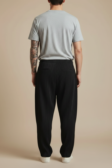 Pantalon Fluide Noir Plissé Ample Homme Décontracté - Polyester - vue 2