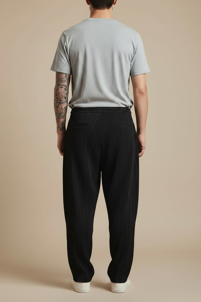 Pantalon Fluide Noir Plissé Ample Homme Décontracté - Polyester - vue 2