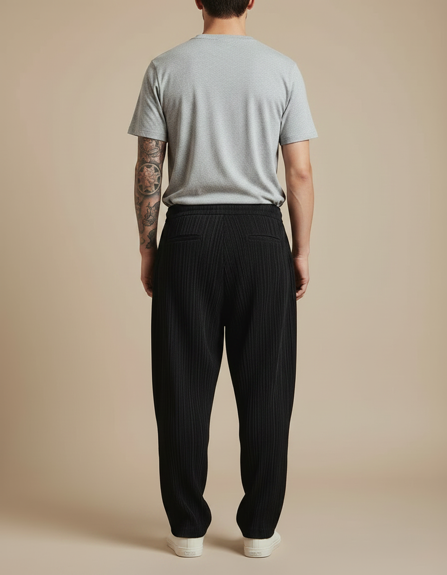 Pantalon Fluide Noir Plissé Ample Homme Décontracté - Polyester - vue 2