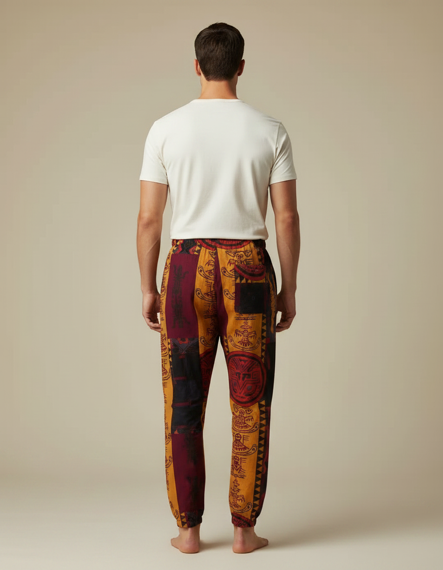 Pantalon Fluide Tribal Ethnique Imprimé Ample Cordon Homme - Multicolore Viscose - vue 2