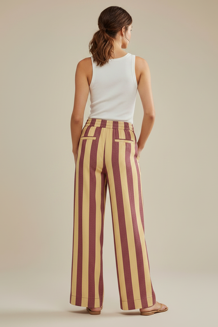 Pantalon Fluide Rayé Large Taille Haute Décontracté - Multicolore Lin - vue 2