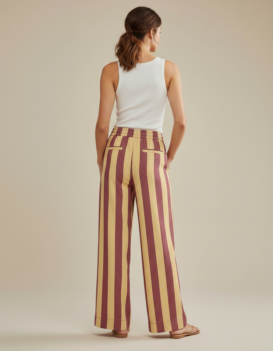 Pantalon Fluide Rayé Large Taille Haute Décontracté - Multicolore Lin - vue 2