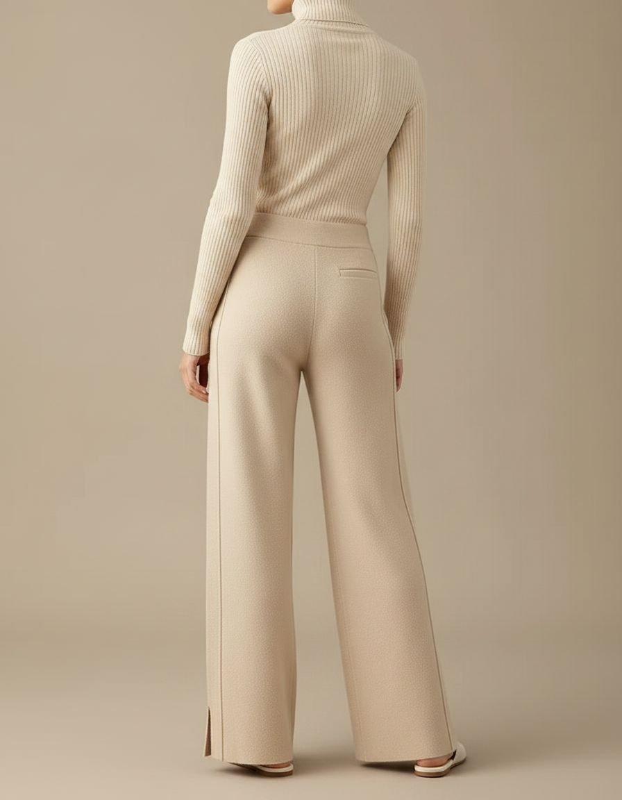 Pantalon Fluide Beige Maille Fendu Jambe Large - vue 2