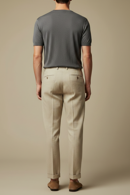 Pantalon Fluide Beige Lin Plissé Droit Élégant Homme - vue 2