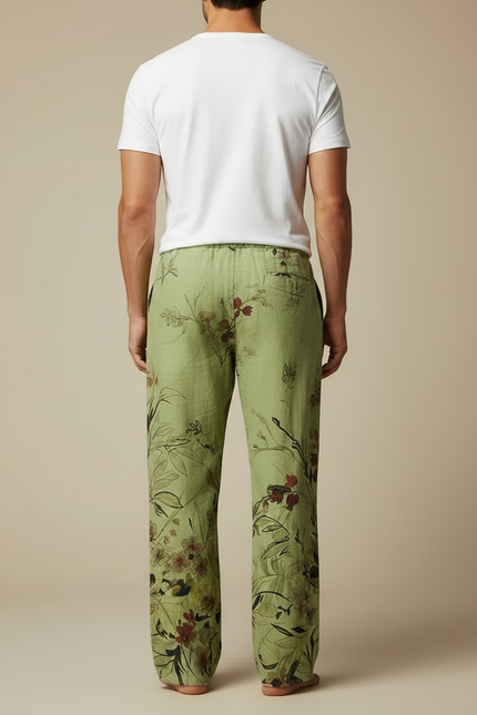 Pantalon Fluide Vert Lin Imprimé Floral Ample Homme - vue 2