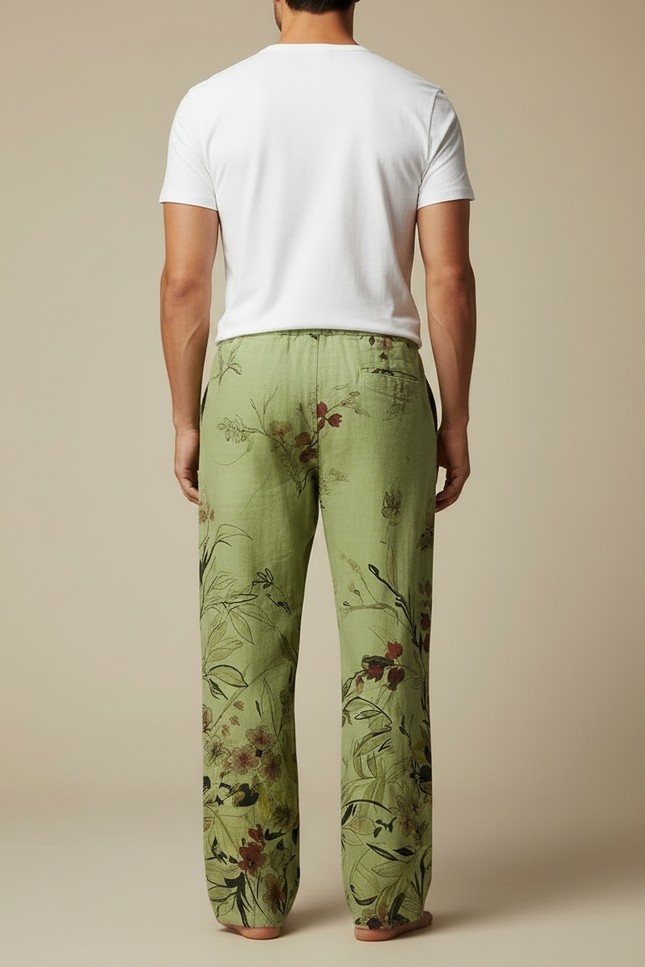 Pantalon Fluide Vert Lin Imprimé Floral Ample Homme - vue 2