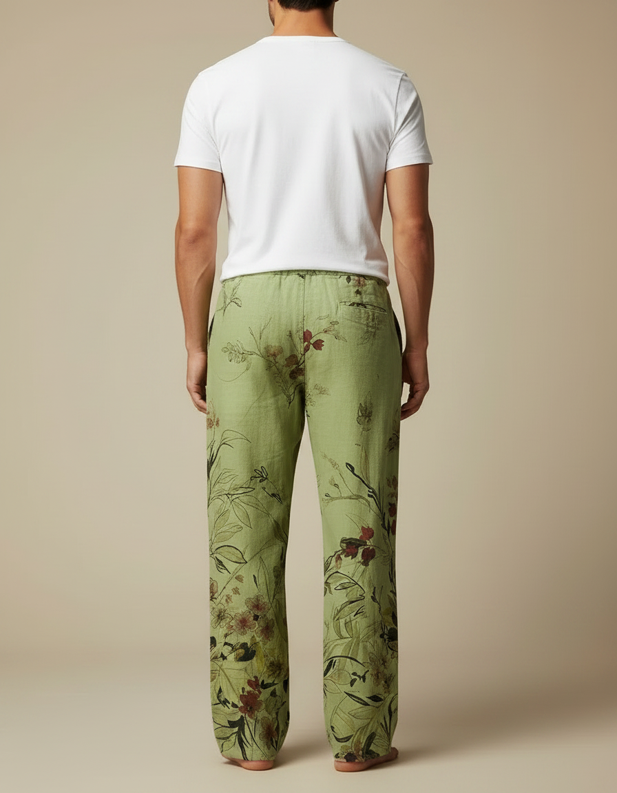 Pantalon Fluide Vert Lin Imprimé Floral Ample Homme - vue 2