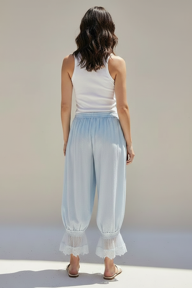 Pantalon Fluide Bleu Ciel Ample Dentelle Bohème Femme - Lin - vue 2