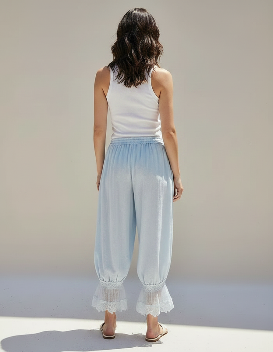 Pantalon Fluide Bleu Ciel Ample Dentelle Bohème Femme - Lin - vue 2
