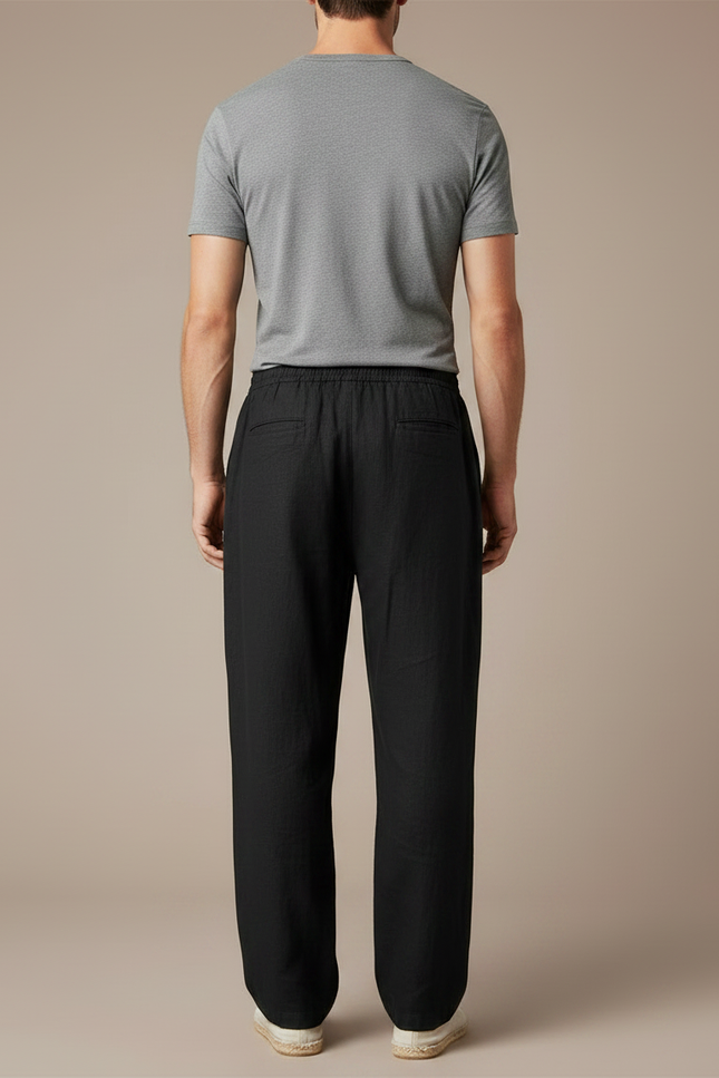 Pantalon Fluide Noir Ample Lin Décontracté Cordon - vue 2