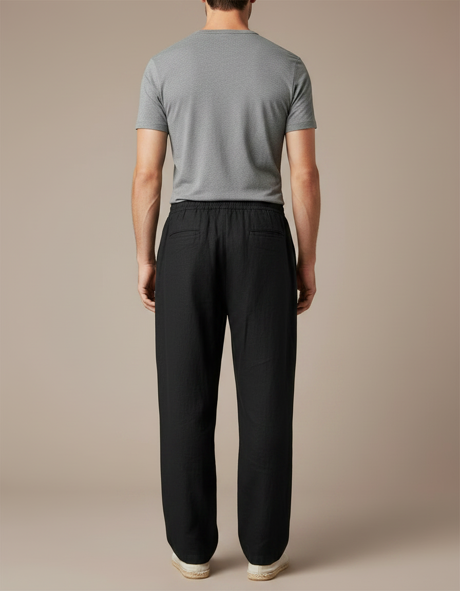 Pantalon Fluide Noir Ample Lin Décontracté Cordon - vue 2