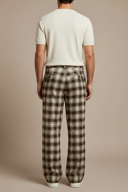 Pantalon Fluide Carreaux Marron Ample Décontracté Homme - Tweed - vue 2