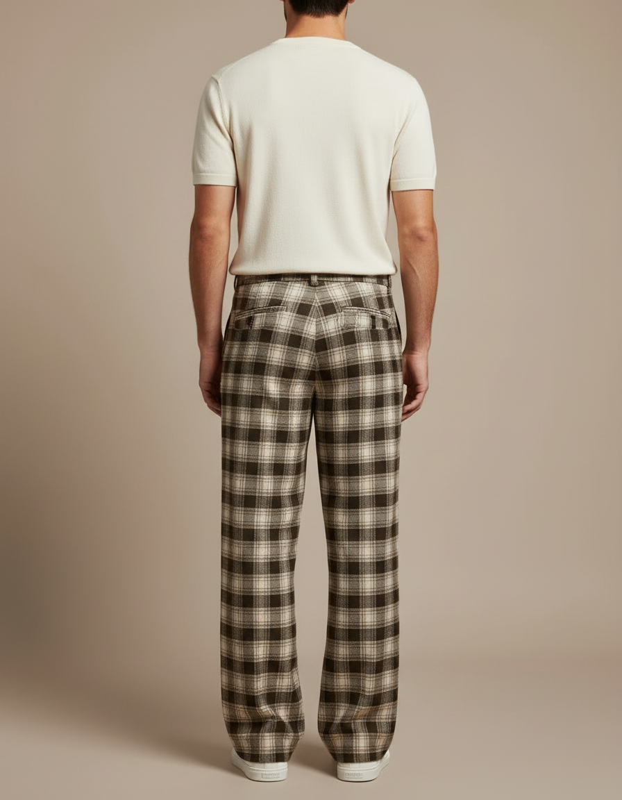 Pantalon Fluide Carreaux Marron Ample Décontracté Homme - Tweed - vue 2