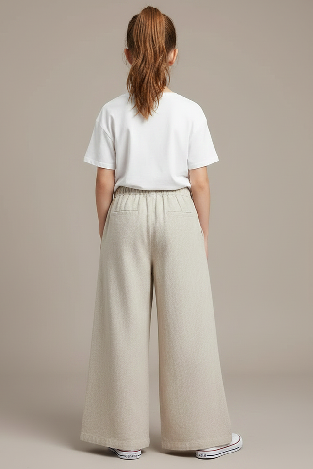 Pantalon Fluide Beige Large Lin Cordon Fille - vue 2