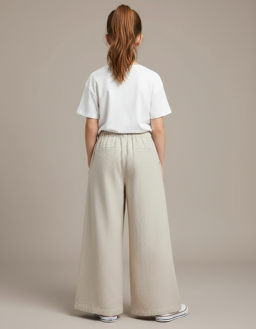 Pantalon Fluide Beige Large Lin Cordon Fille - vue 2