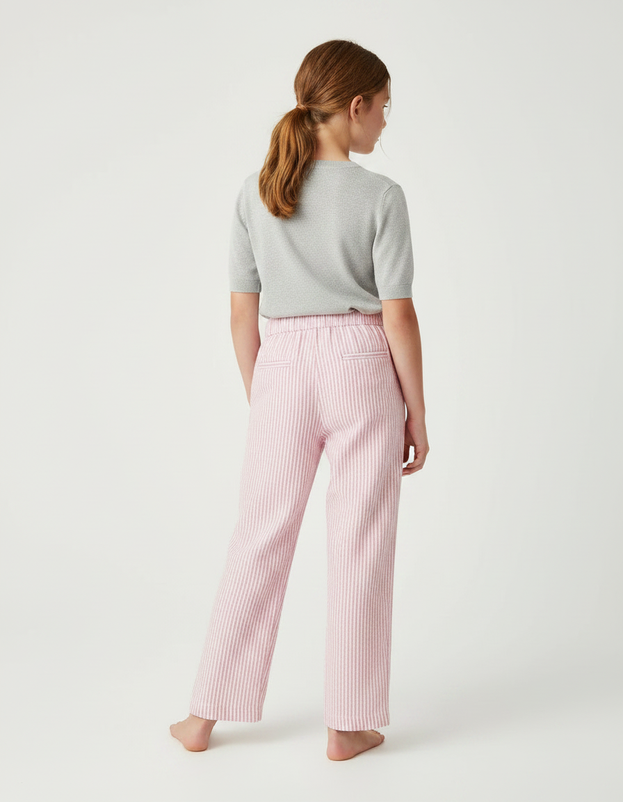 Pantalon Fluide Rose Rayé Ample Coton Décontracté Fille - Lin - vue 2