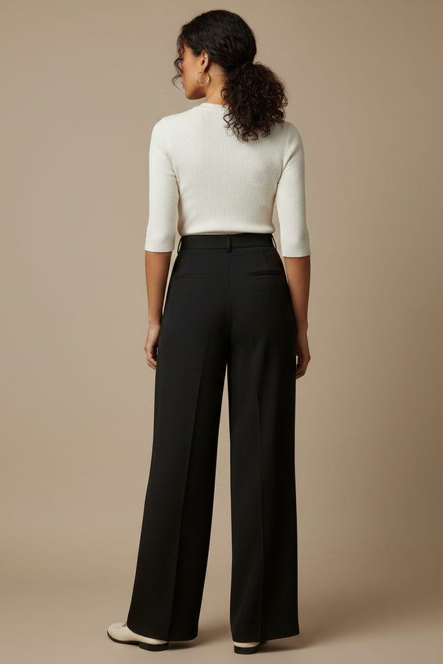 Pantalon Fluide Noir Ample Taille Haute Plissé Élégant Femme - Polyester - vue 2