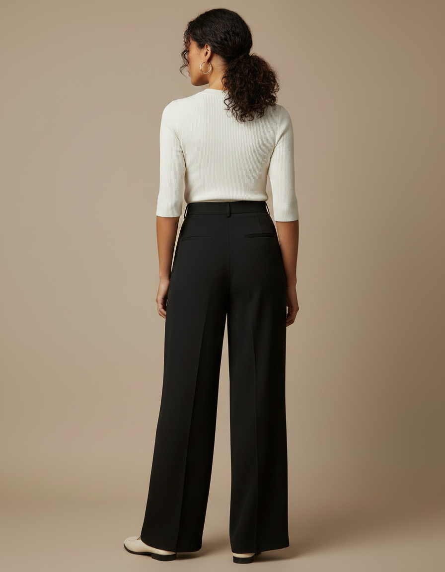 Pantalon Fluide Noir Ample Taille Haute Plissé Élégant Femme - Polyester - vue 2