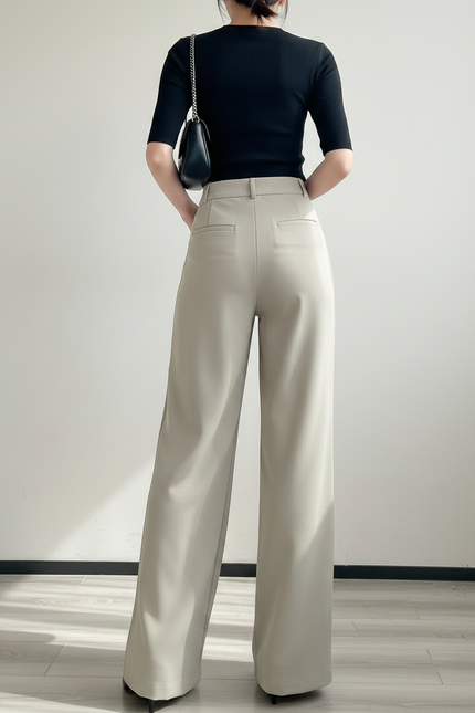Pantalon Fluide Beige Large Taille Haute Décontracté Élégant - Polyester - vue 2