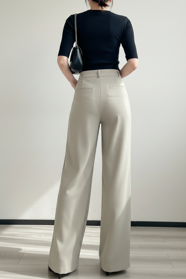 Pantalon Fluide Beige Large Taille Haute Décontracté Élégant - Polyester - vue 2