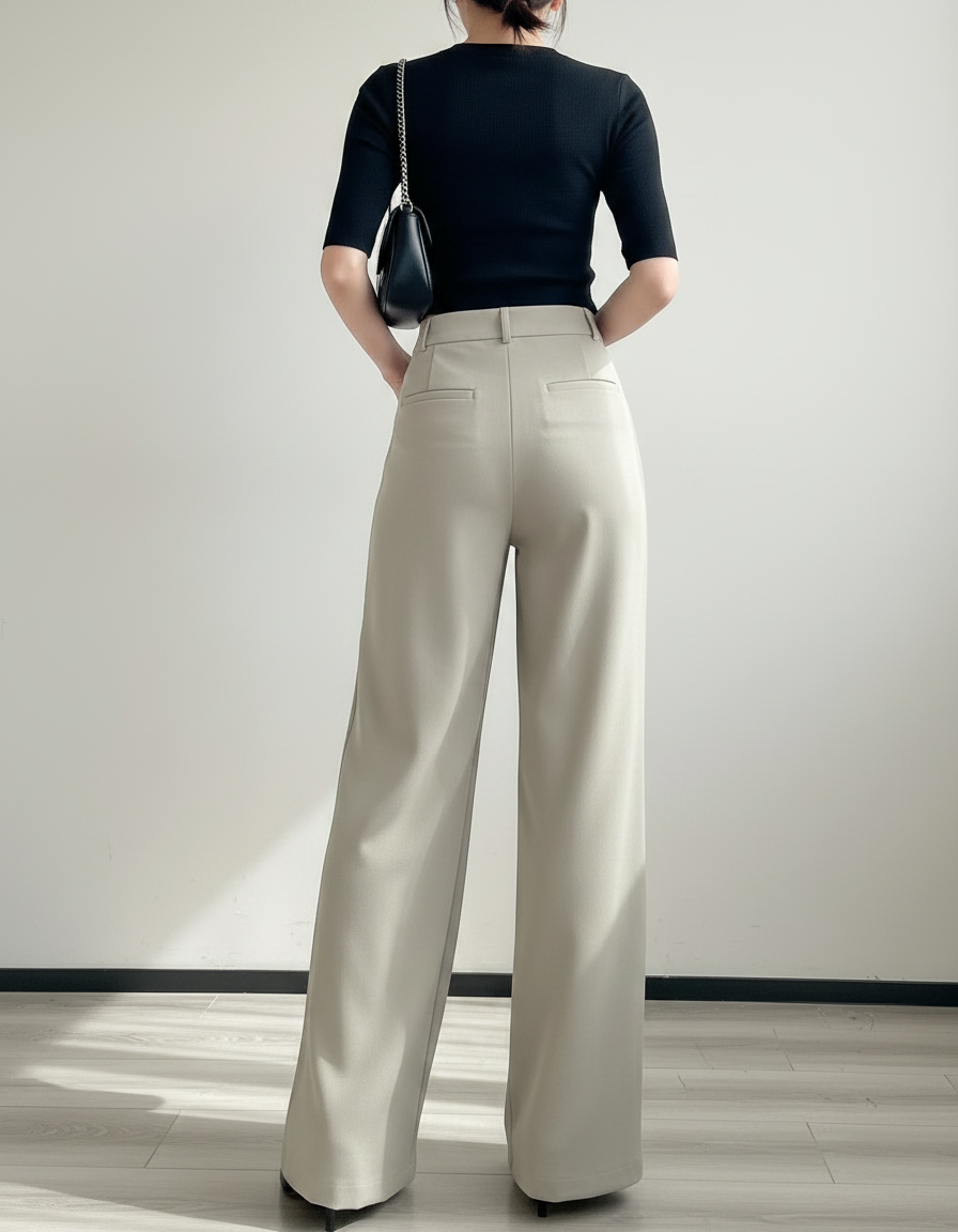 Pantalon Fluide Beige Large Taille Haute Décontracté Élégant - Polyester - vue 2