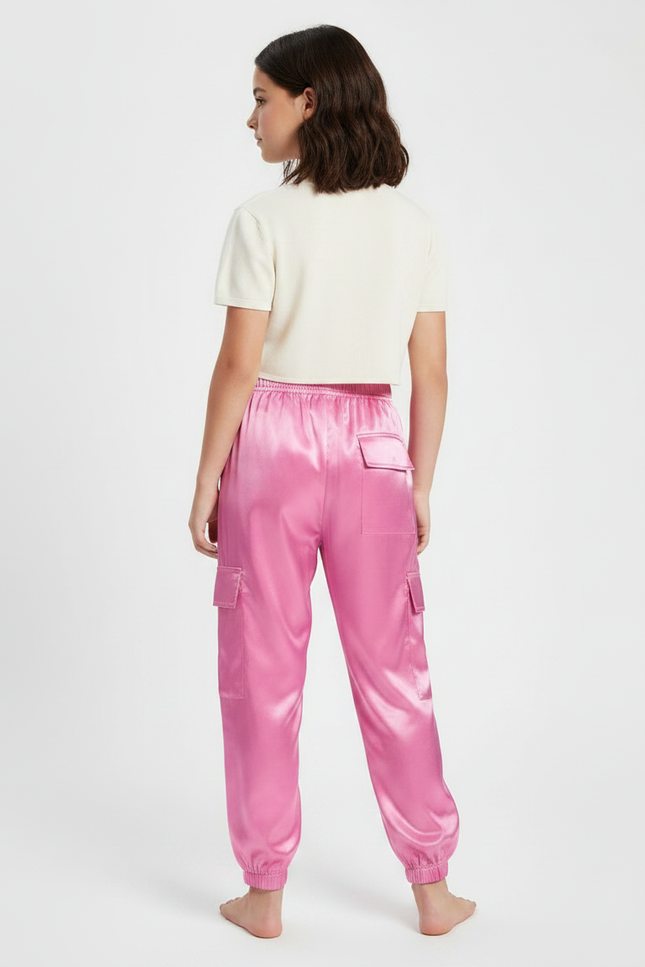 Pantalon Fluide Cargo Rose Satiné Brillant Fille - vue 2