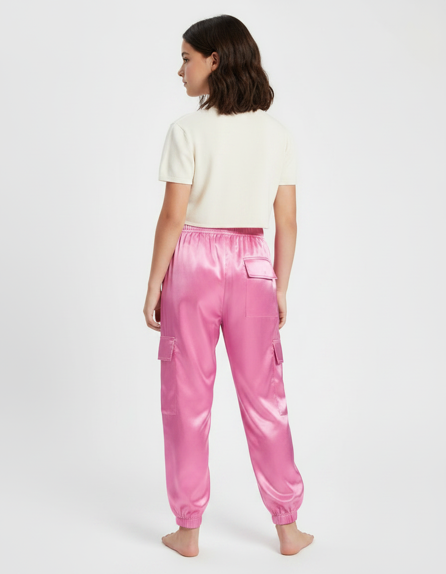 Pantalon Fluide Cargo Rose Satiné Brillant Fille - vue 2