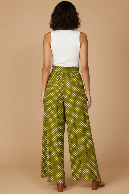 Pantalon Fluide Vert Ample À Pois Taille Haute Femme - Viscose - vue 2