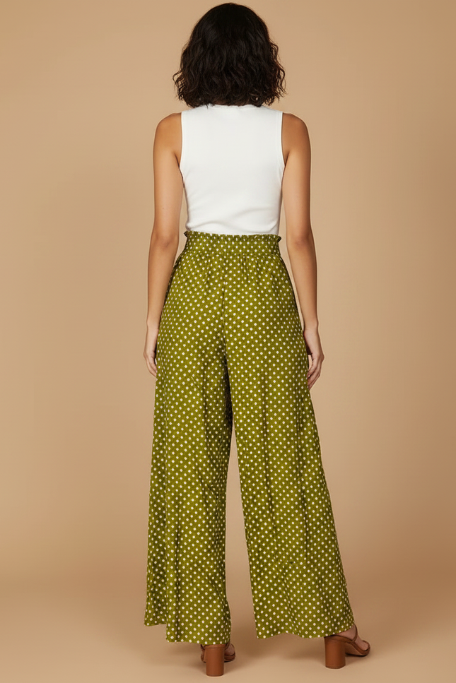 Pantalon Fluide Vert Ample À Pois Taille Haute Femme - Viscose - vue 2