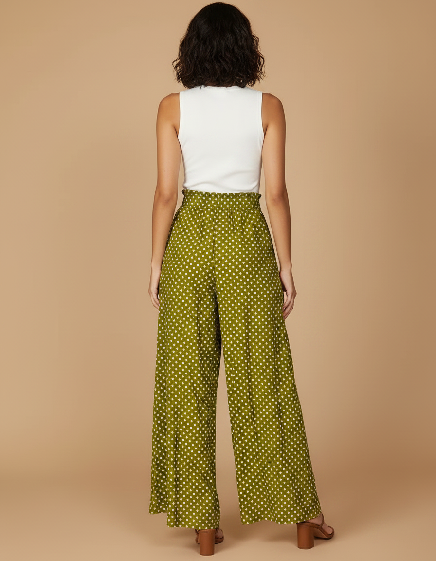 Pantalon Fluide Vert Ample À Pois Taille Haute Femme - Viscose - vue 2