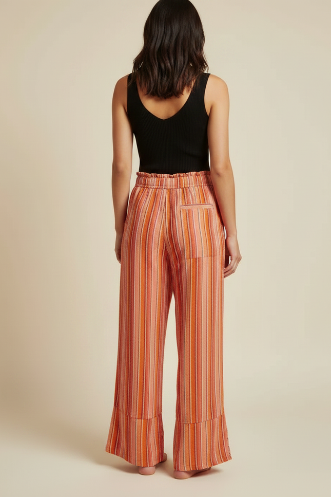 Pantalon Fluide Rayé Orange Ample Décontracté Taille Haute - Multicolore Lin - vue 2