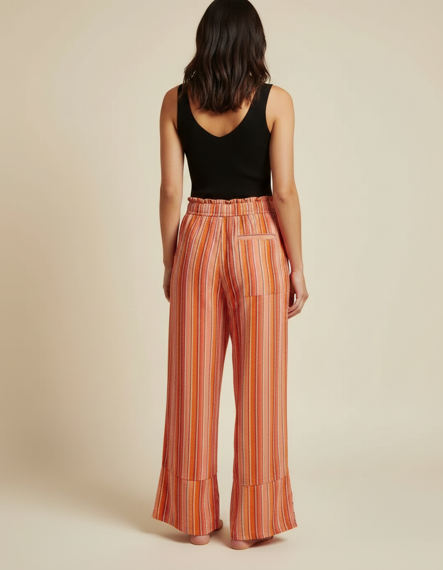 Pantalon Fluide Rayé Orange Ample Décontracté Taille Haute - Multicolore Lin - vue 2
